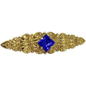 Vintage Gold Tone Art Deco Bar Brooch Pin 2" Blue faceted Rhinestone